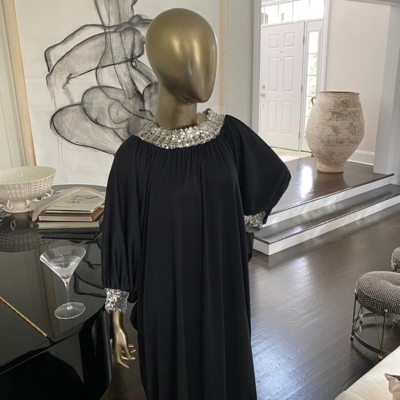 Vintage GLAM 70s Caftan Sequin Trimmed Maxi Dress 1970s Lounge Wear S-M-L - Picture 8 of 11